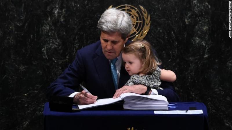 Then-Secretary of State John Kerry signs the Paris climate agreement on April 22, 2016. Kerry is now joining the Biden administration in a new, Cabinet-level position as climate envoy