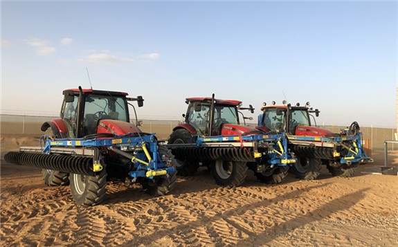 Picture 3: Ready for cleaning: three SunBrush? mobil solar panel cleaners at the Benban solar park.